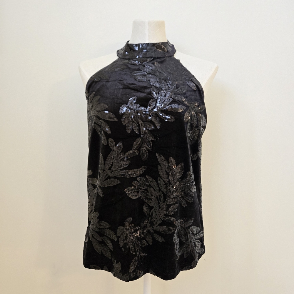 Cable & Gauge Black Velvet Sequin Halter Top Size Large NWT‎